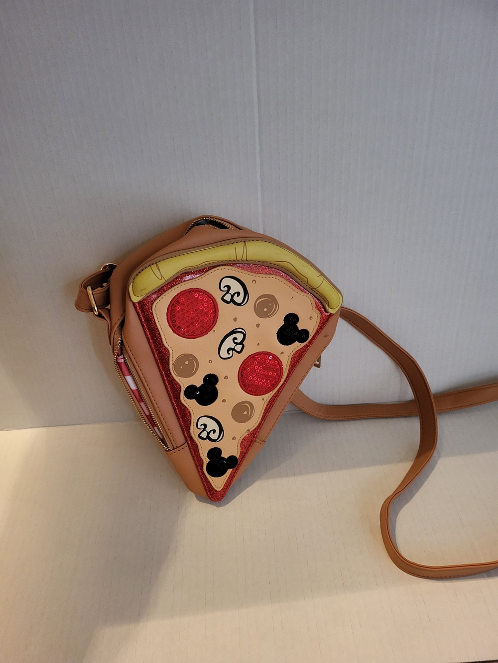 Disney Tan Pizza Slice Crossbody Bag with Red and Black Appliqués